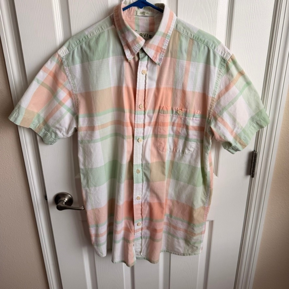 Orvis Mens‎ Short Sleeve Plaid Button Down Shirt Peach Green Cotton Size M